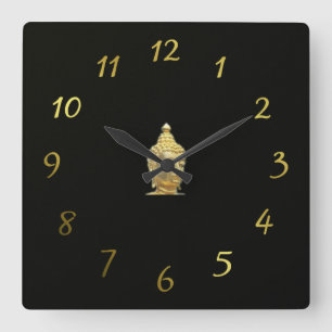 golden buddha in black square wall clock