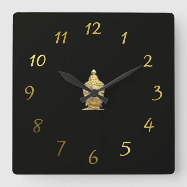 golden buddha in black square wall clock (Front)