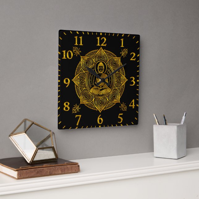 Golden Buddha Surrounded by Intricate Patterns Square Wall Clock (Office)