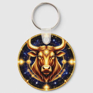 Golden Bull With Cosmic Zodiac Symbol Key Ring