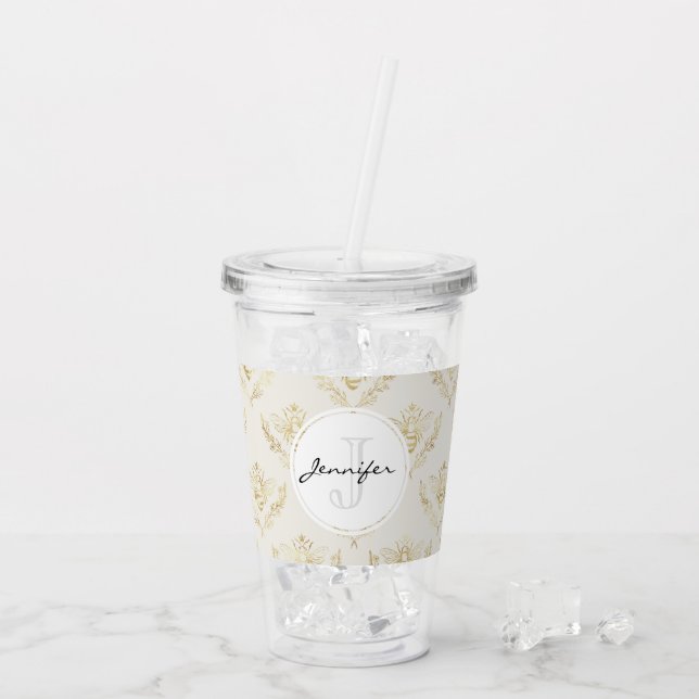 Golden Bumble Bee with a Crown Pattern Acrylic Tumbler (Back Ice)