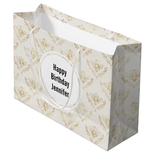 Golden Bumble Bee with a Crown Pattern Birthday Large Gift Bag (Front Angled)