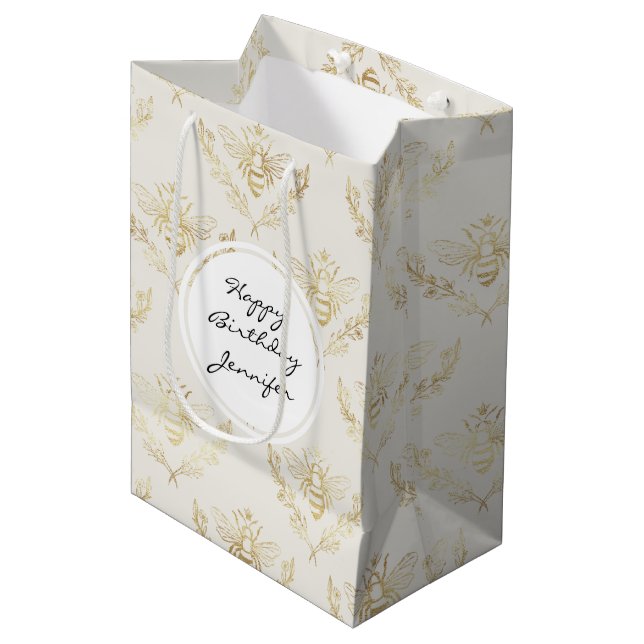 Golden Bumble Bee with a Crown Pattern Birthday Medium Gift Bag (Front Angled)