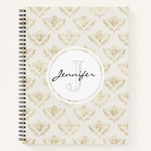 Golden Bumble Bee with a Crown Pattern Monogram Notebook