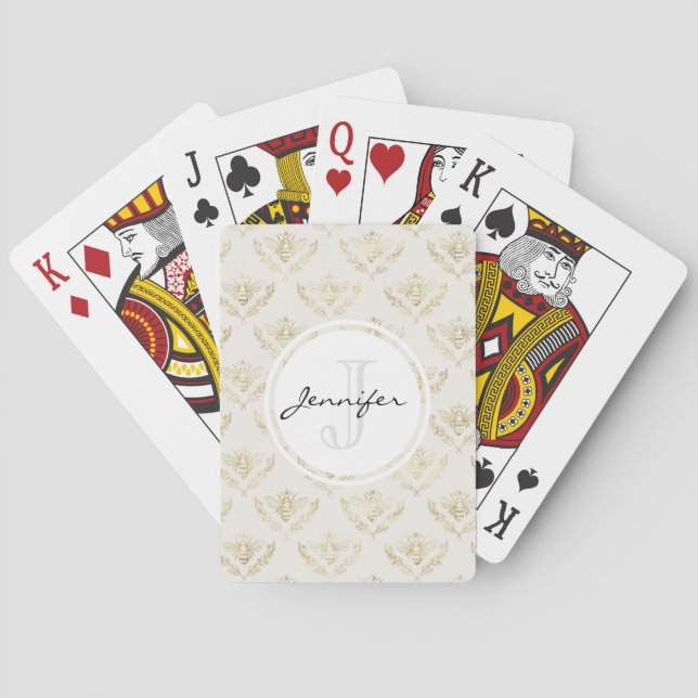 Golden Bumble Bee with a Crown Pattern Monogram Playing Cards (Back)