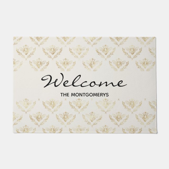 Golden Bumble Bee with a Crown Pattern Welcome Doormat (Front)