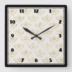 Golden Bumble Bee with Crown Pattern Square Wall Clock