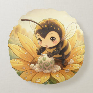 Golden Bumblebee in Bloom Dance.8 Round Cushion