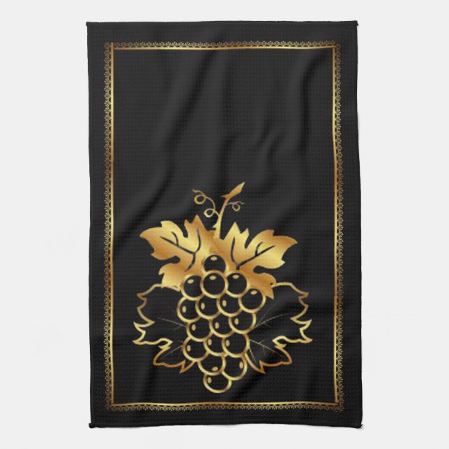 Golden Bunch of Grapes With golden ornament frame Tea Towel (Vertical)