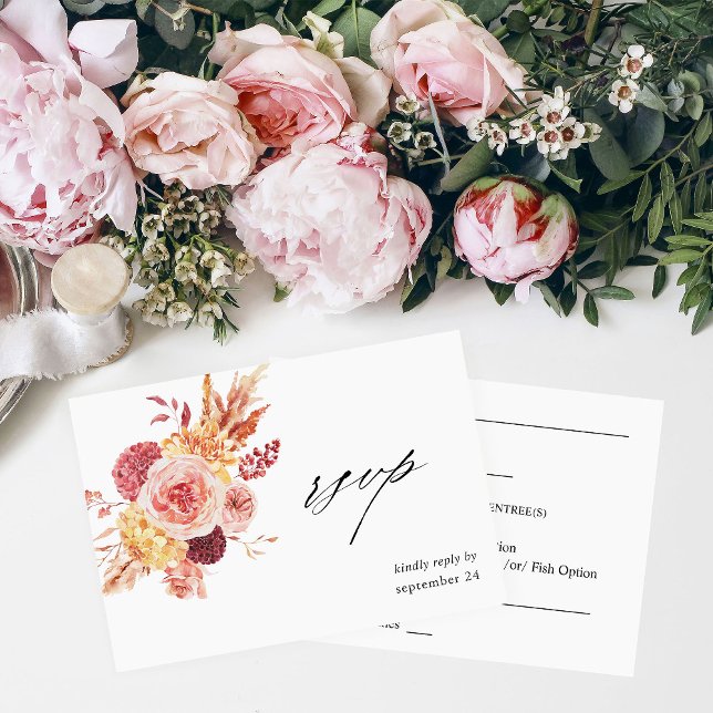 Golden Burgundy Blush Pink Floral w Meal RSVP 2 Card (Creator Uploaded)
