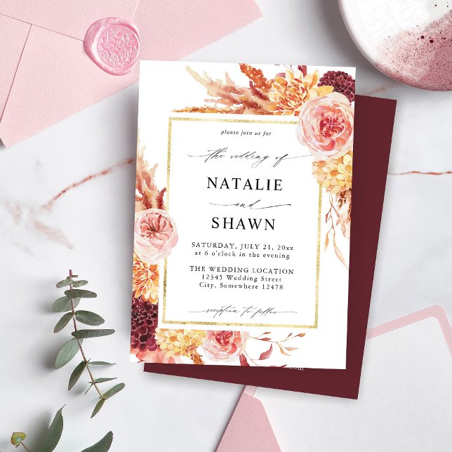 Golden Burgundy & Blush Pink Floral Wedding - B Invitation (Creator Uploaded)