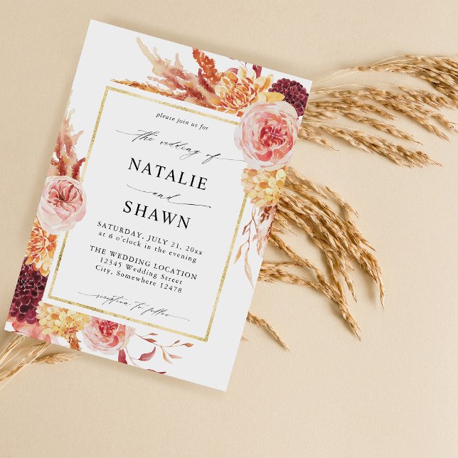 Golden Burgundy & Blush Pink Floral Wedding Invitation (Creator Uploaded)