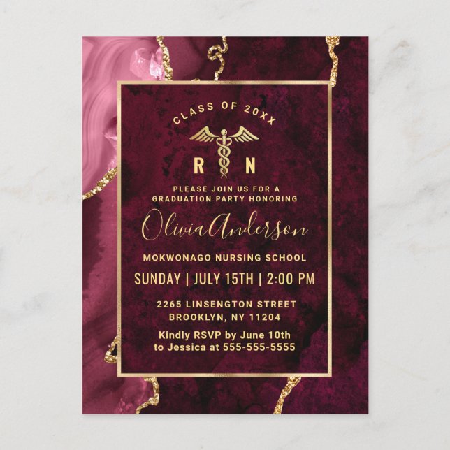 Golden Burgundy RN Graduation Party Invitation Postcard (Front)