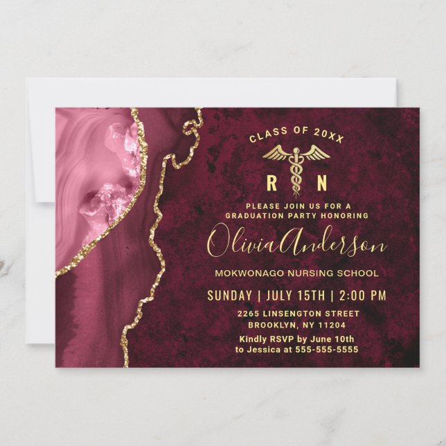 Golden Burgundy RN Nursing School Graduation Party Invitation (Front)
