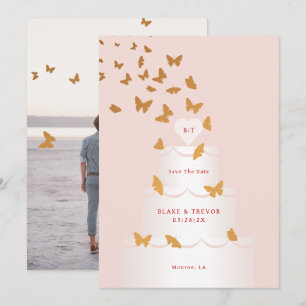 GOLDEN BUTTERFLIES & CAKE SAVE THE DATE INVITATION