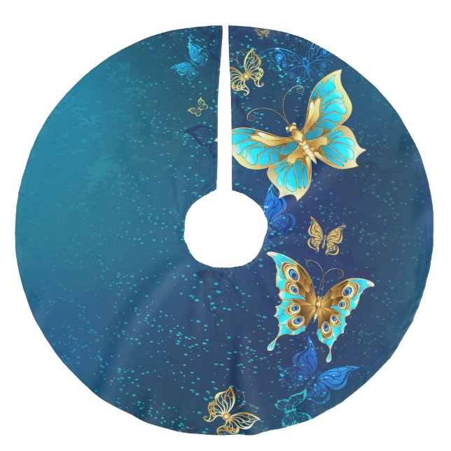Golden Butterflies on a Blue Background Brushed Polyester Tree Skirt (Front)