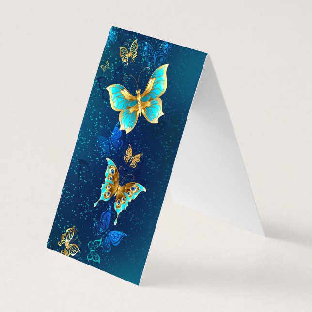 Golden Butterflies on a Blue Background Business Card (Back)
