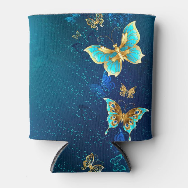 Golden Butterflies on a Blue Background Can Cooler (Front)