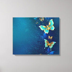 Golden Butterflies on a Blue Background Canvas Print