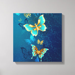 Golden Butterflies on a Blue Background Canvas Print