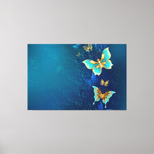 Golden Butterflies on a Blue Background Canvas Print (Front)