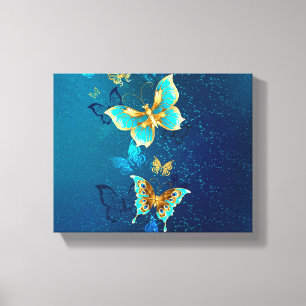Golden Butterflies on a Blue Background Canvas Print