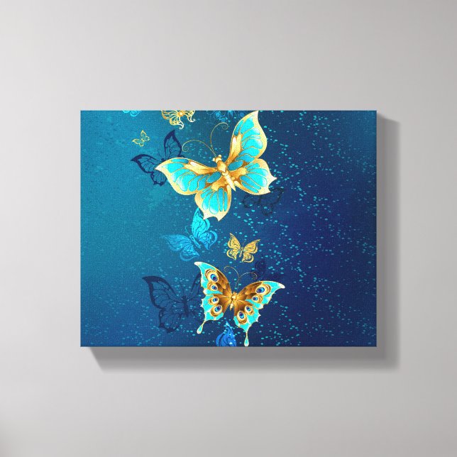 Golden Butterflies on a Blue Background Canvas Print (Front)