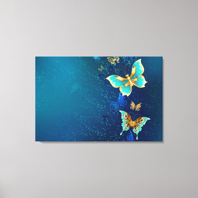 Golden Butterflies on a Blue Background Canvas Print (Front)