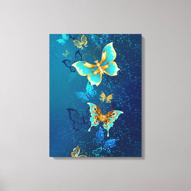 Golden Butterflies on a Blue Background Canvas Print (Front)