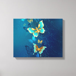Golden Butterflies on a Blue Background Canvas Print