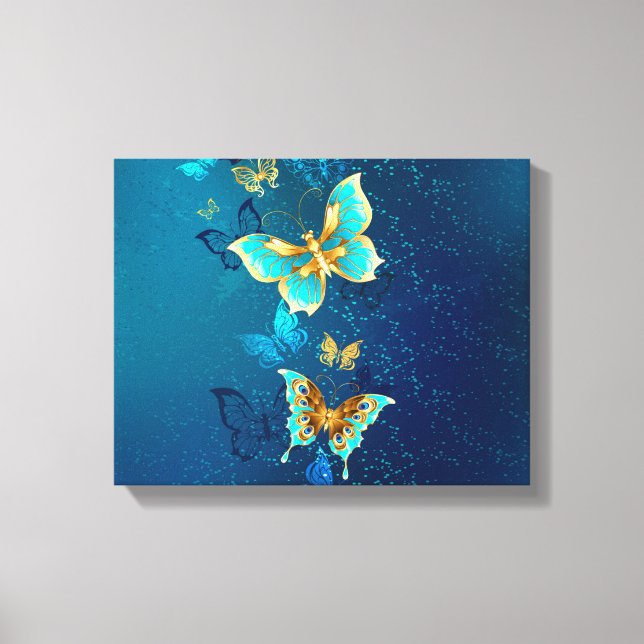 Golden Butterflies on a Blue Background Canvas Print (Front)