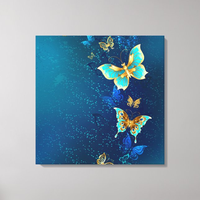 Golden Butterflies on a Blue Background Canvas Print (Front)