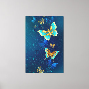 Golden Butterflies on a Blue Background Canvas Print