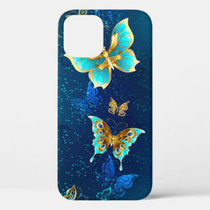 Golden Butterflies on a Blue Background iPhone 12 Case