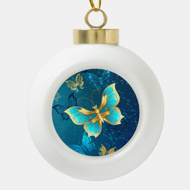 Golden Butterflies on a Blue Background Ceramic Ball Christmas Ornament (Front)