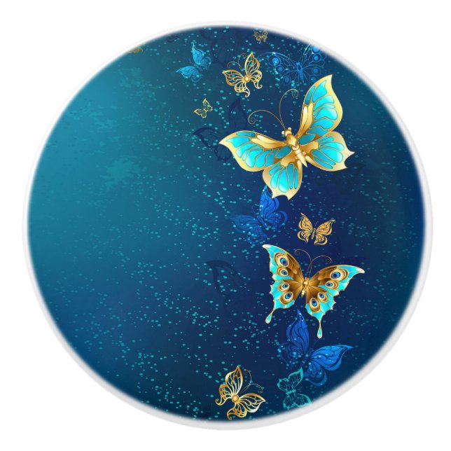 Golden Butterflies on a Blue Background Ceramic Knob (Front)