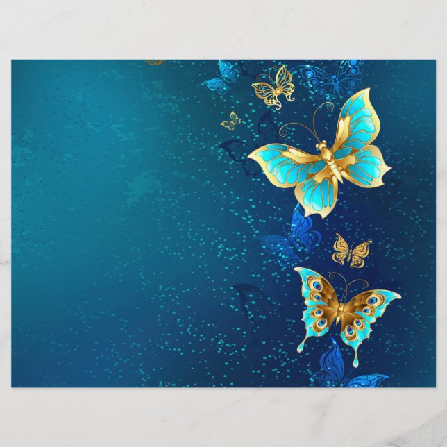 Golden Butterflies on a Blue Background Custom Letterhead (Front)
