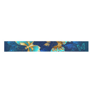 Golden Butterflies on a Blue Background Grosgrain Ribbon