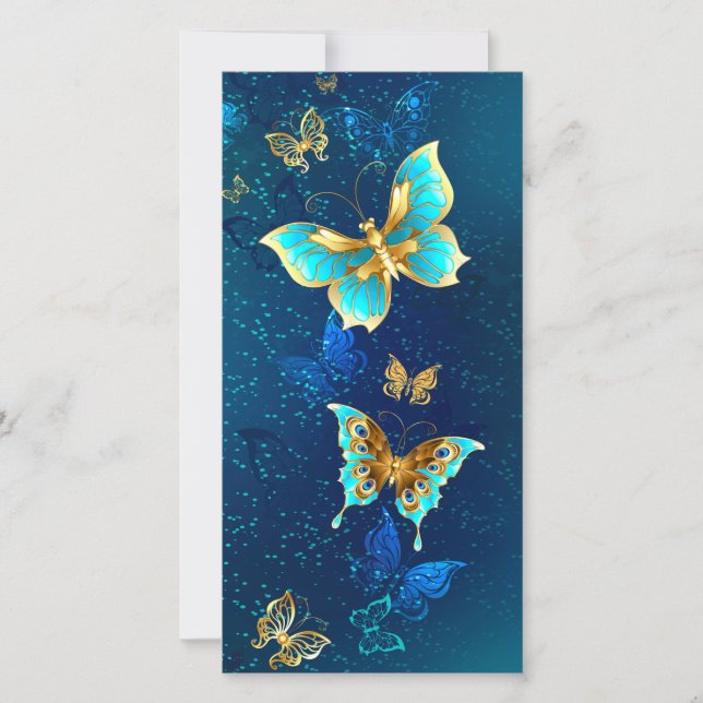 Golden Butterflies on a Blue Background Holiday Card (Front)