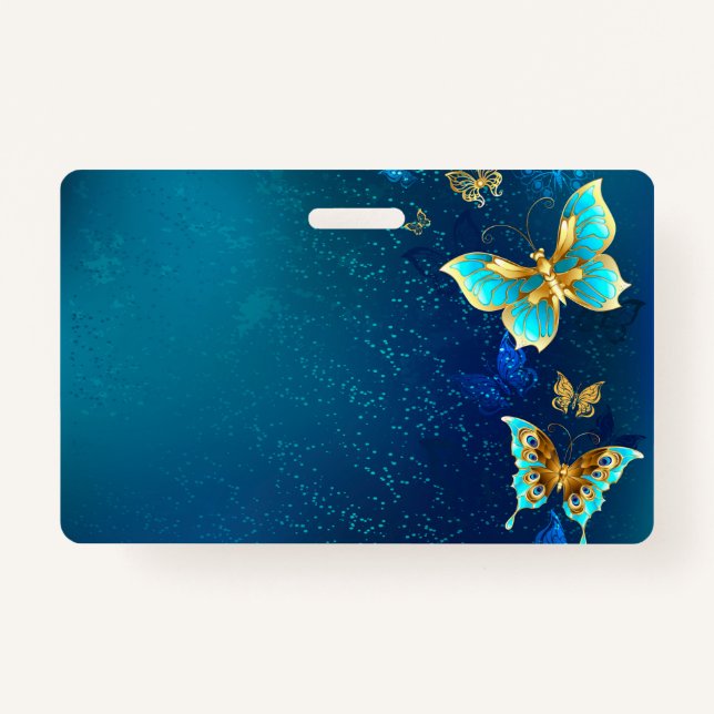 Golden Butterflies on a Blue Background ID Badge (Front)
