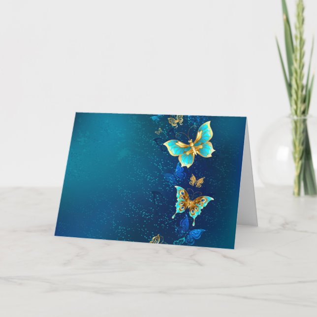 Golden Butterflies on a Blue Background Invitation (Front)