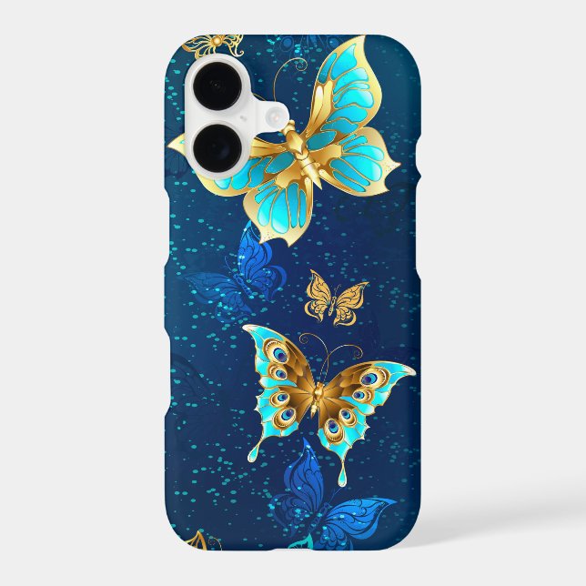 Golden Butterflies on a Blue Background iPhone Case (Back)