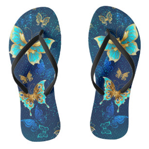 Golden Butterflies on a Blue Background Jandals
