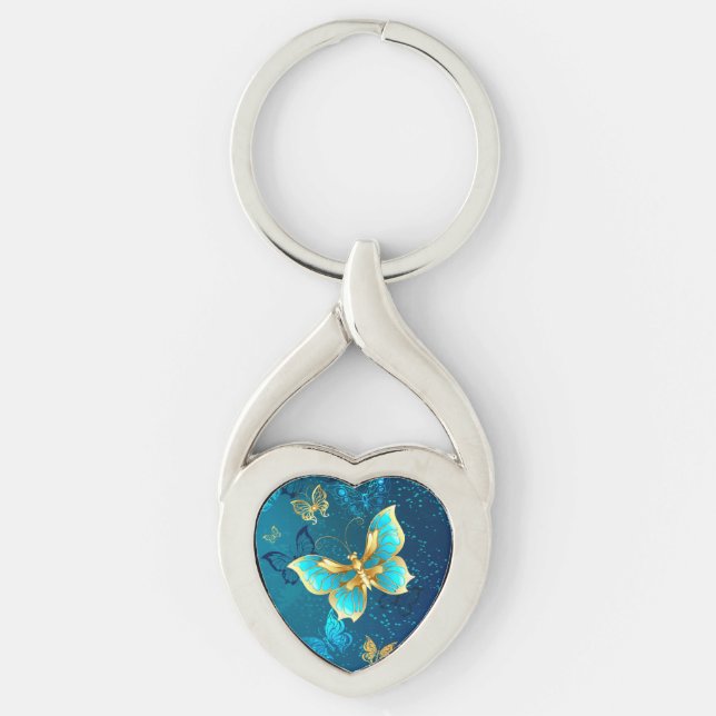 Golden Butterflies on a Blue Background Key Ring (Front)