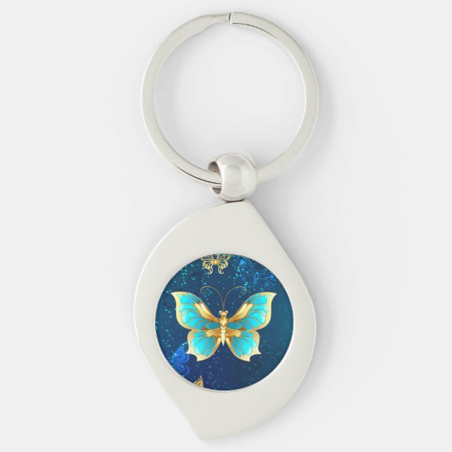 Golden Butterflies on a Blue Background Key Ring (Front)