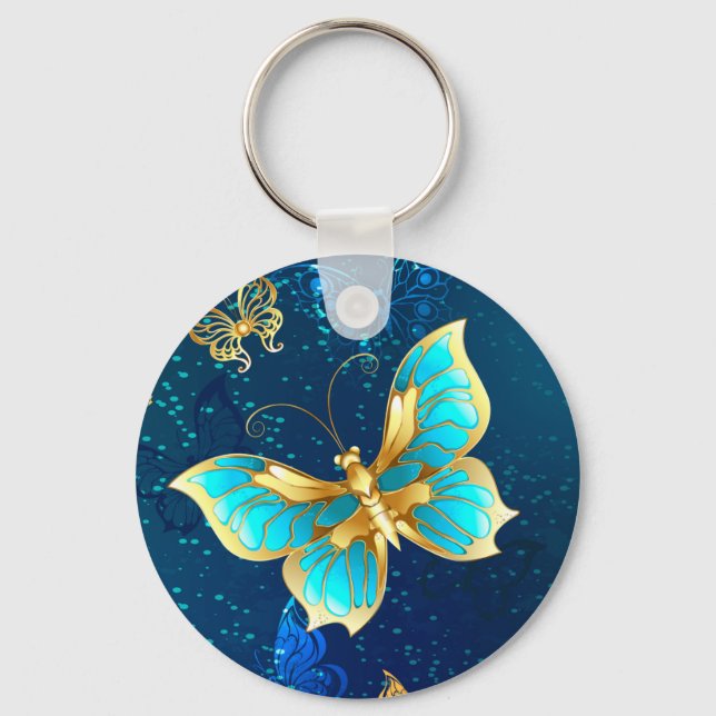 Golden Butterflies on a Blue Background Key Ring (Front)