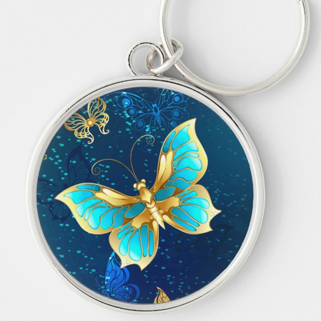 Golden Butterflies on a Blue Background Key Ring (Front)
