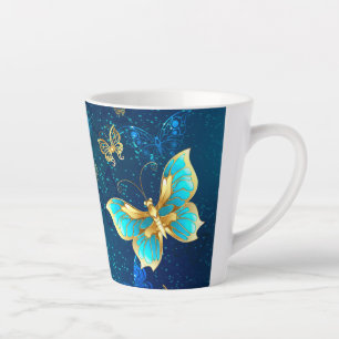 Golden Butterflies on a Blue Background Latte Mug