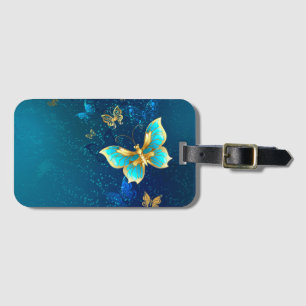 Golden Butterflies on a Blue Background Luggage Tag