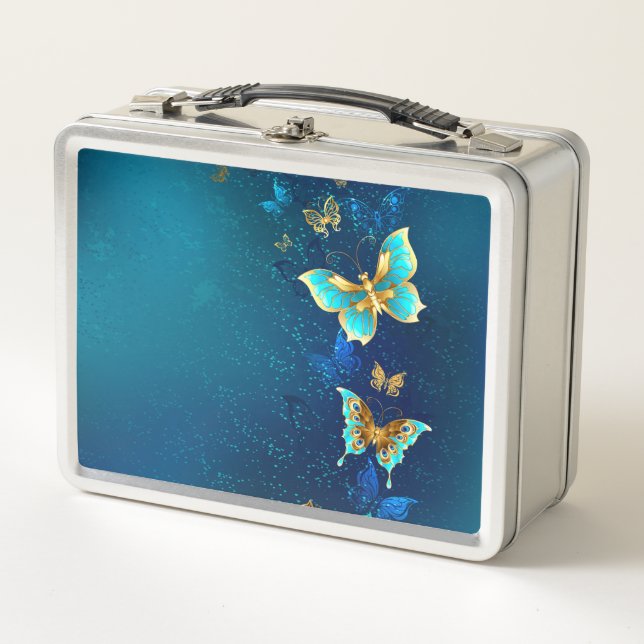 Golden Butterflies on a Blue Background Metal Lunch Box (Front)